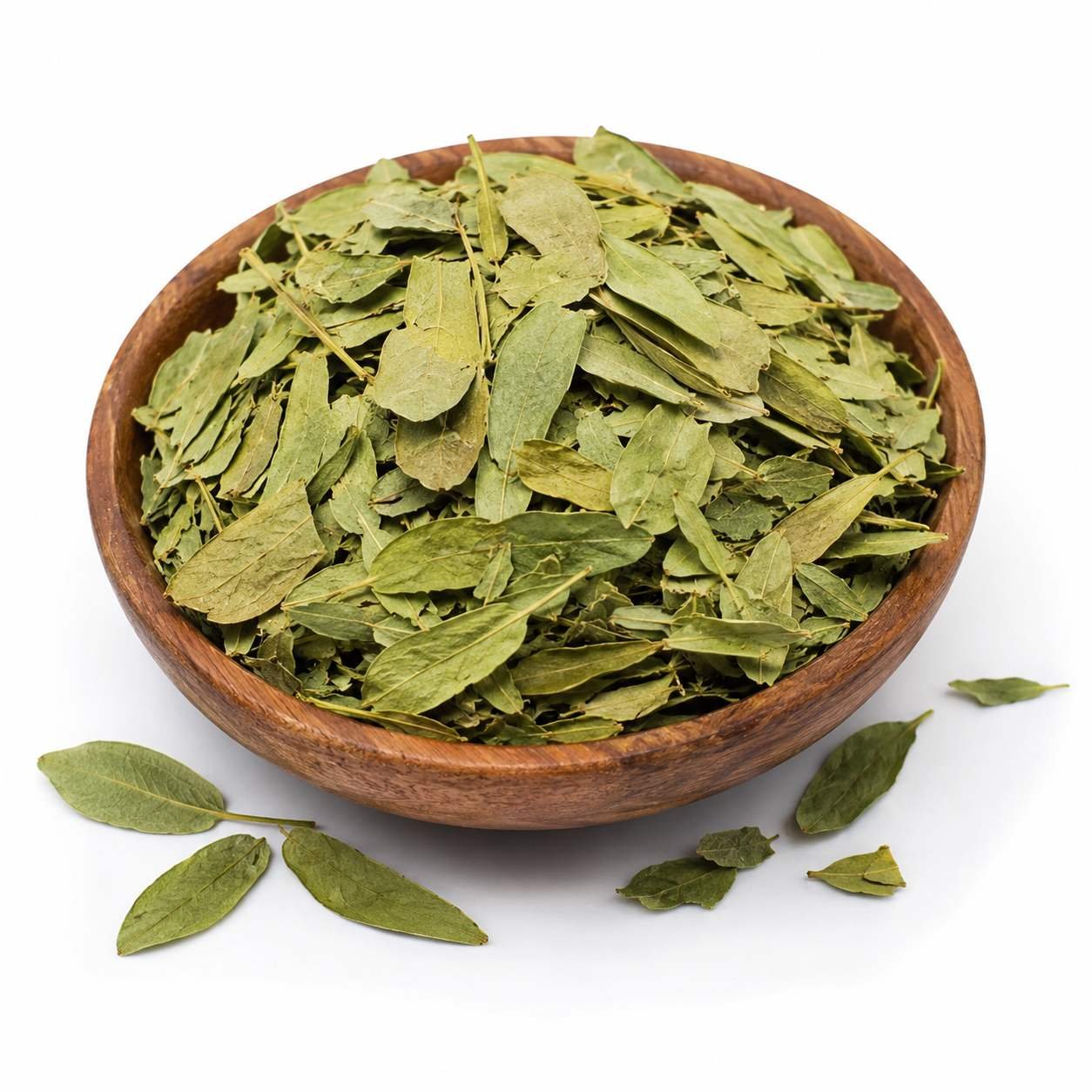 Dried Natural Senna Leaves in Wooden Bowl