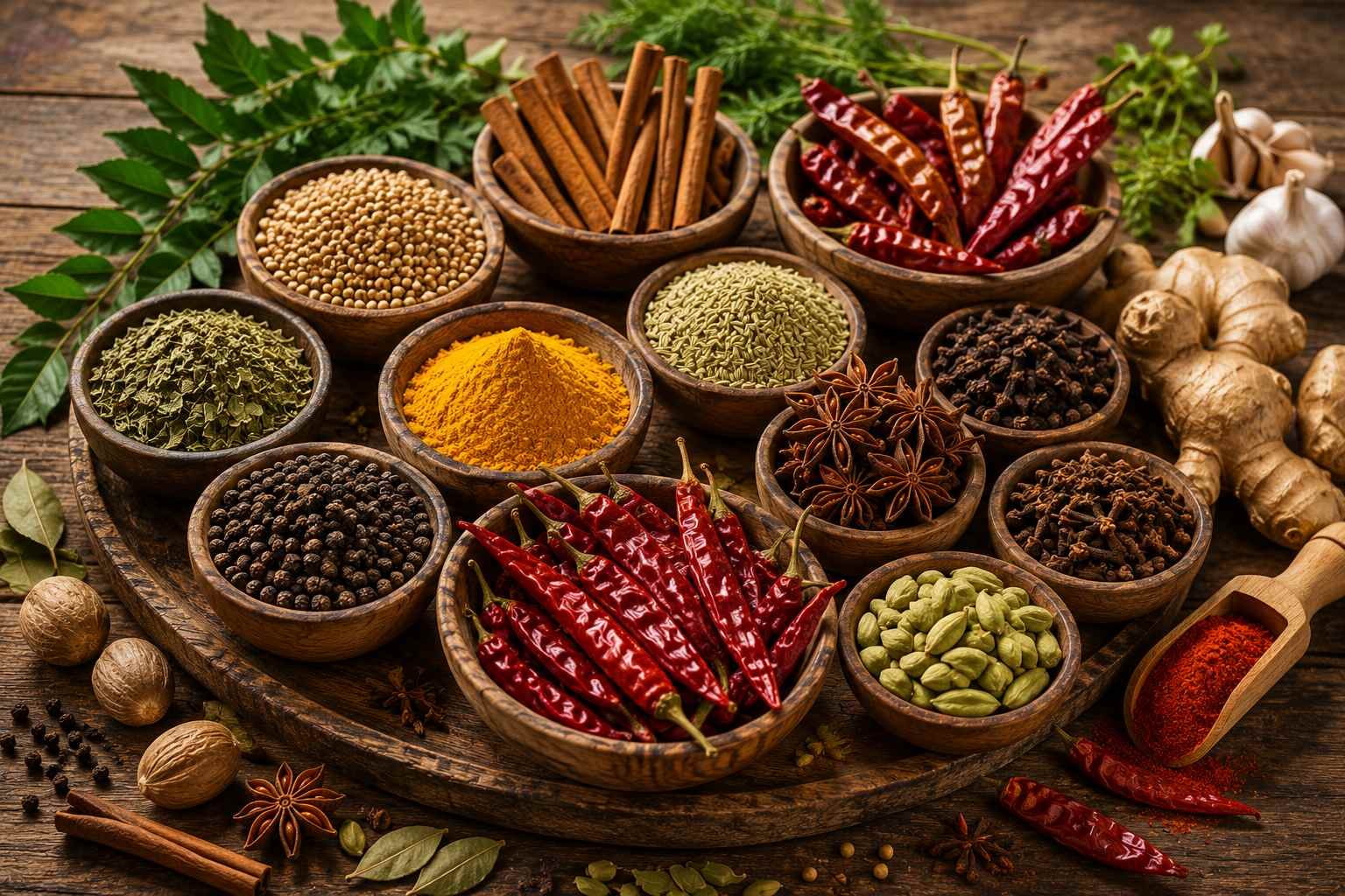 Premium Indian spices including turmeric, red chilli and black pepper